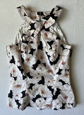 WHBM White House Black Market Women's Black White Floral Satin HalterCross Neck2